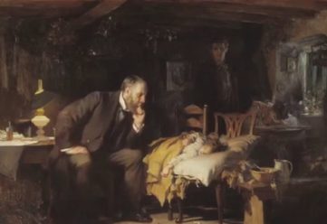 A oil painting of a physician with a sick child